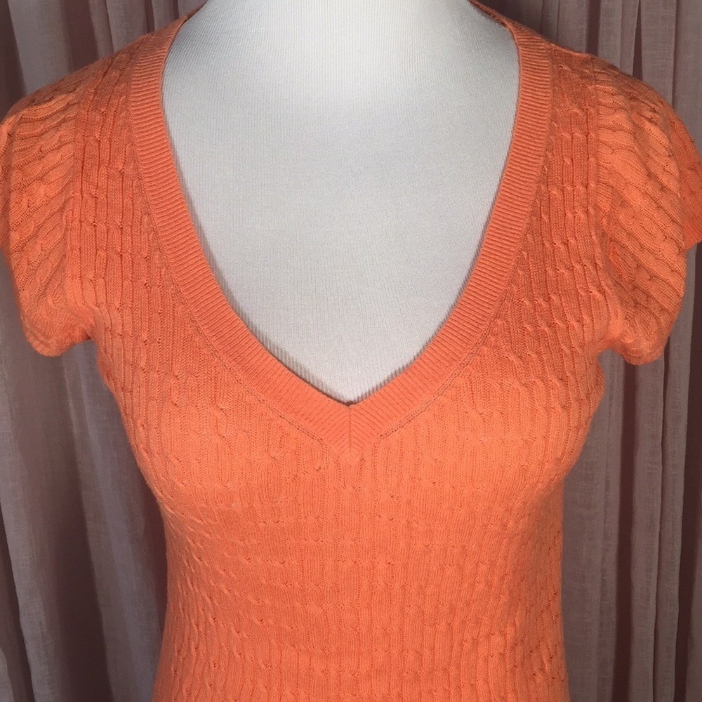Vintage Y2K GAP Women's Thin Knit Orange V Neck Top 100% Cotton Short Sleeve